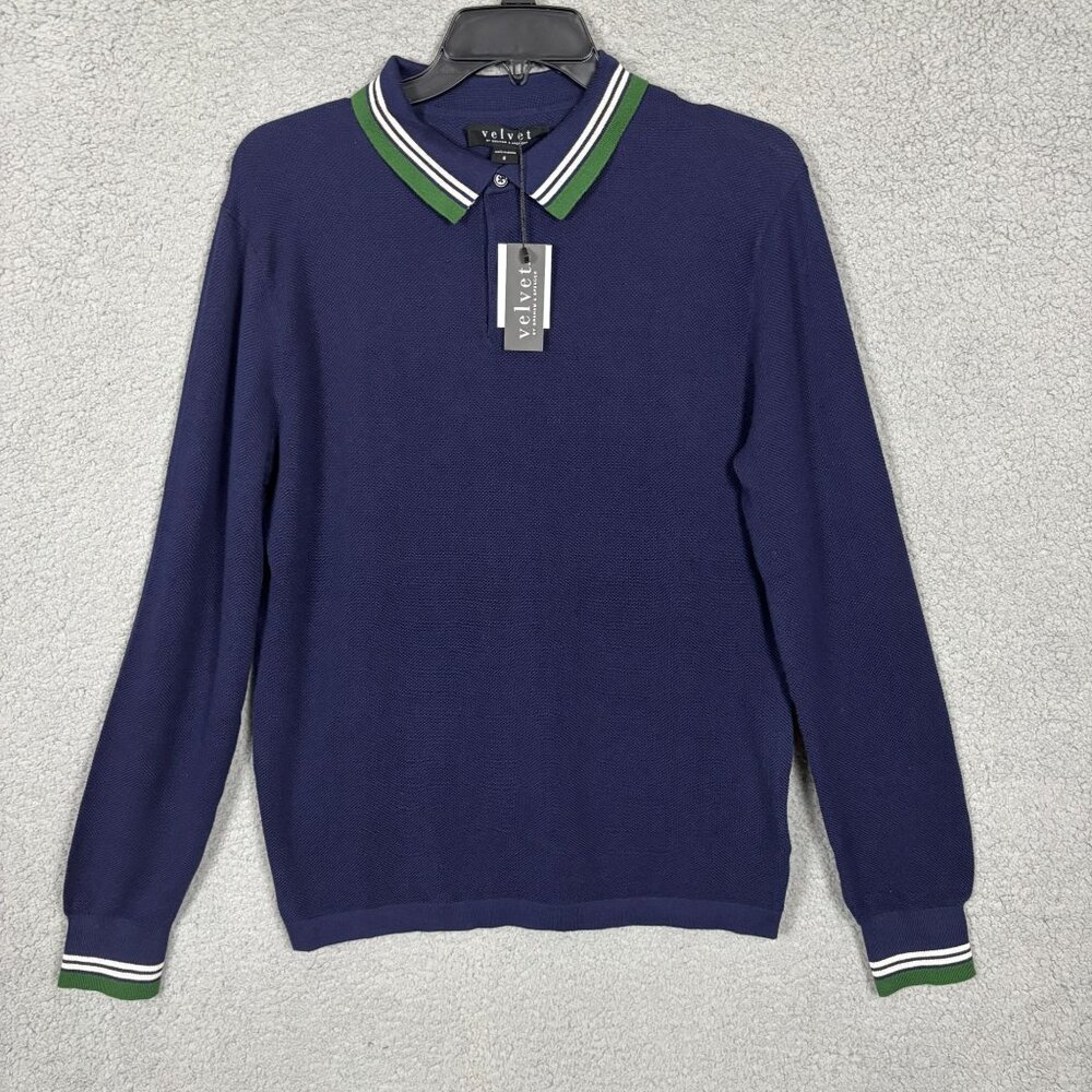 Velvet By Graham & Spencer Mens Danny Polo Long Sleeve Sweater Blue Small NWT's